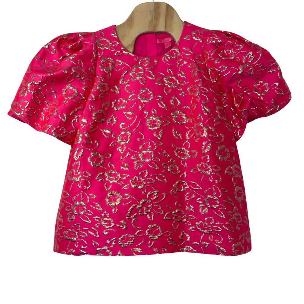 Lilly Pulitzer Pratt Puff Sleeve Blouse Size XL Pink Gold Metallic Bold Glam